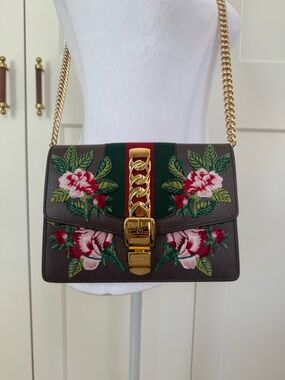 Gucci Brown Floral Embroidered Shoulder Bag with Green and Red Stripe